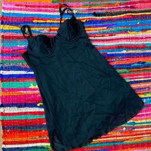 Vintage 1960s Black Satin & Lace Slip Dress w/ Lined Wired Bra + Embroidery Bows